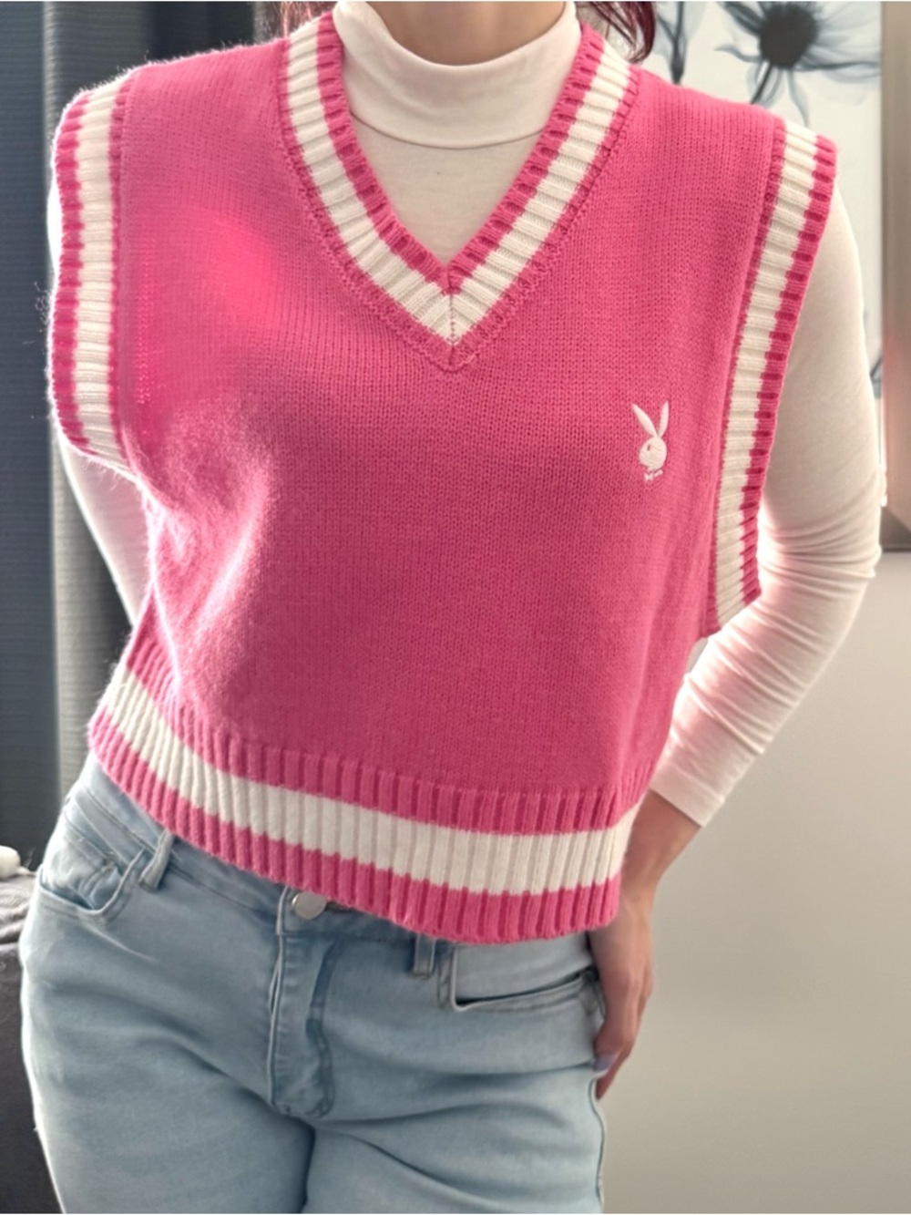 PLAYBOY Hot Pink V-Neck Knit Sweater Vest with White Trim